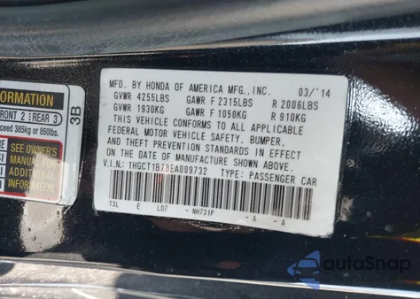 2014 Honda Accord Ex from USA, damaged, VIN 1HGCT1B78EA009732